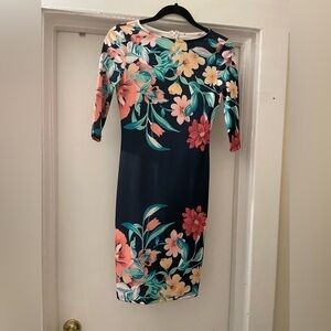 Navy‎ blue floral 3/4 sleeve pencil midi dress size small